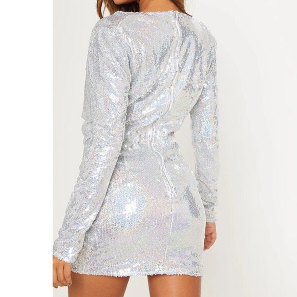 PrettyLittleThing Sequin Bodycon Mini Going Out Dress XS Futuristic Club Silver - Picture 7 of 10